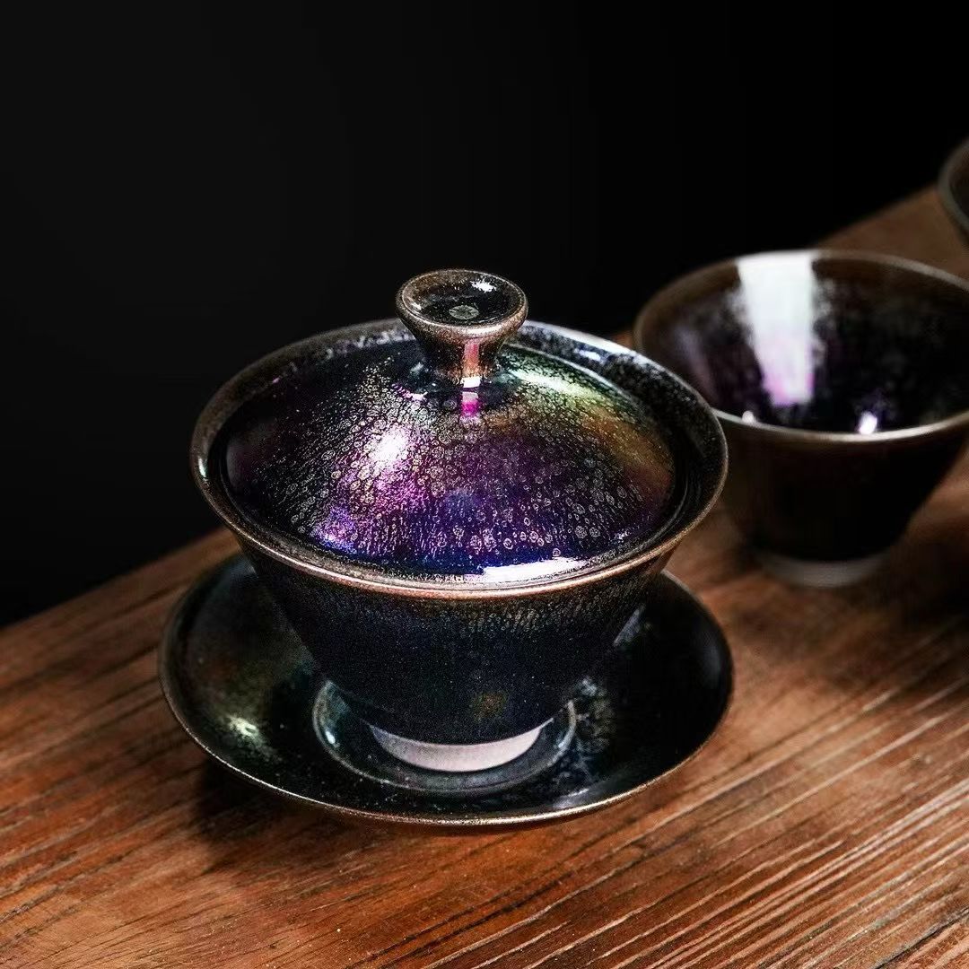 Artisan Handcrafted Jianzhan Gaiwan Ethereal Glass-like Color Shift Glaze Timeless Oriental Aesthetics